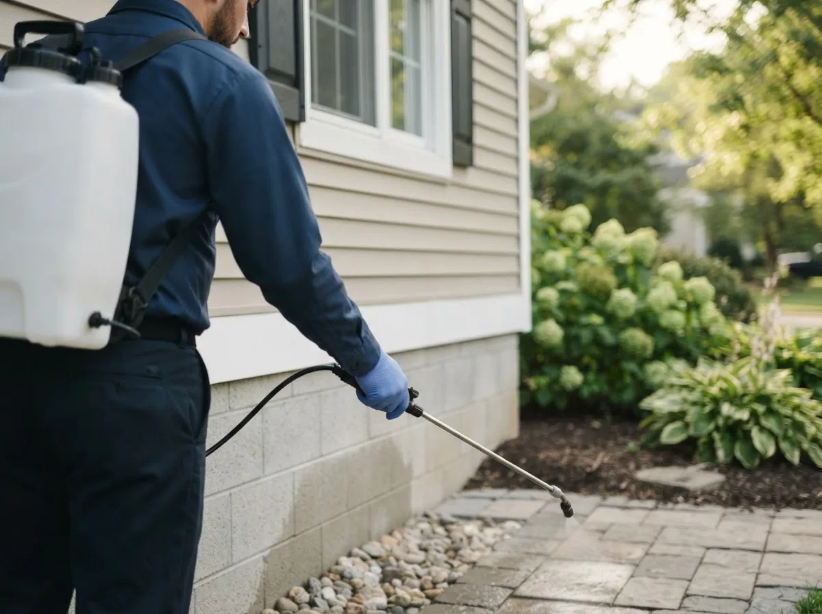 Pest control technician inspecting a home in Woodston, KS
